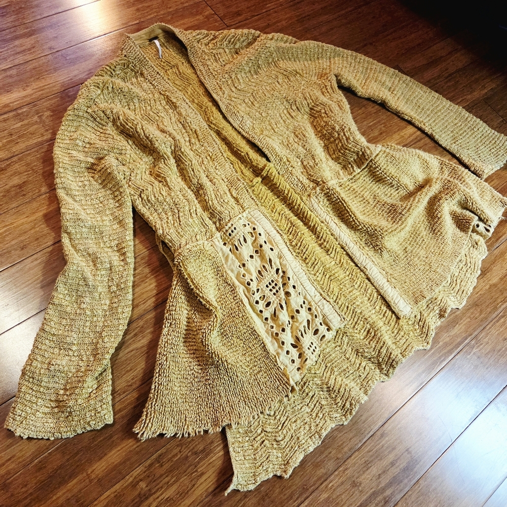 Free People Mustard Yellow Boho Open Knit Cardigan Eyelet XS 100% Cotton Hippie